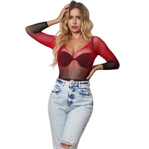 SUBBLIME - 952259 ROTER UND SCHWARZER BODYSTOCKING MIT LANGEN RMELN UND ELASTISCHEM NETZVERLAUF EINE GRÖSSE