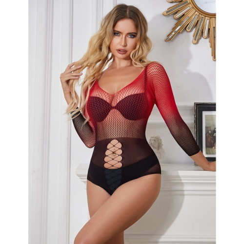 SUBBLIME - 952259 ROTER UND SCHWARZER BODYSTOCKING MIT LANGEN RMELN UND ELASTISCHEM NETZVERLAUF EINE GRÖSSE