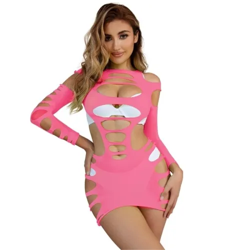 Langrmeliger Elastischer Netz-Bodystocking Rosa – Subblime
