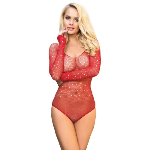 Woman in a red mesh bodysuit with long sleeves, posing in front of a white background.