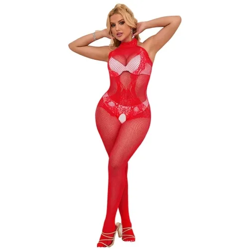 Bodystocking Aus Netz + Spitze Mit Hohem Kragen Ouvert Rot – Subblime