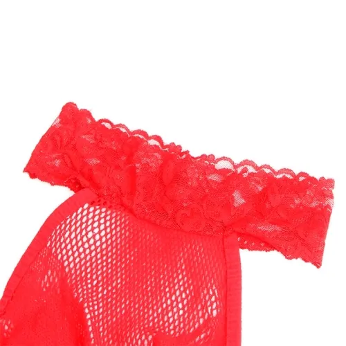 Bodystocking Aus Netz + Spitze Mit Hohem Kragen Ouvert Rot – Subblime