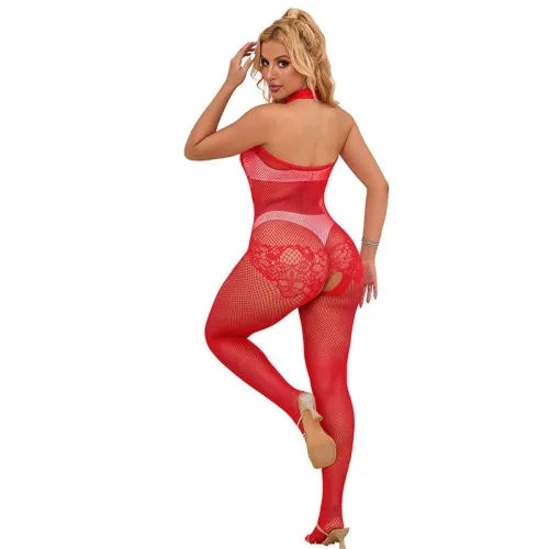 Bodystocking Aus Netz + Spitze Mit Hohem Kragen Ouvert Rot – Subblime
