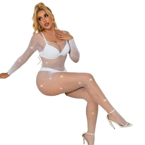 Mesh Bodystocking With Diamonds Long Sleeve White – Sublime