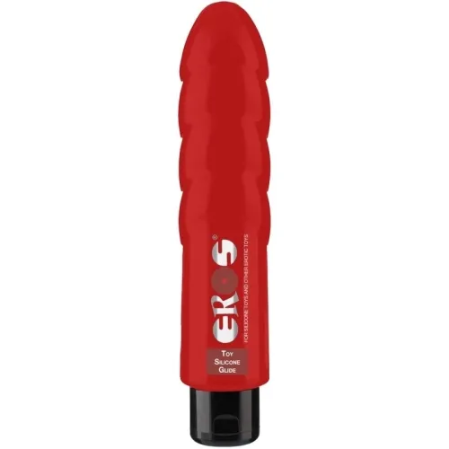 Red bottle labeled "EROS Toy Silicone Glide", black cap.