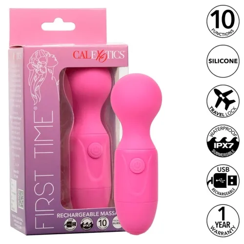 Pink rechargeable massage wand in packaging, 10 functions, waterproof, silicone, with travel lock.