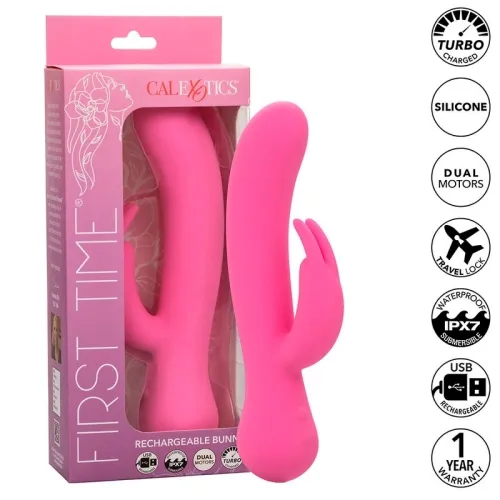 Pinkes Vibrator-Spielzeug in Verpackung, mit Symbolen für Turbo, Silikon, Dualmotoren, Reisesperre, wasserdicht, USB, Garantie.