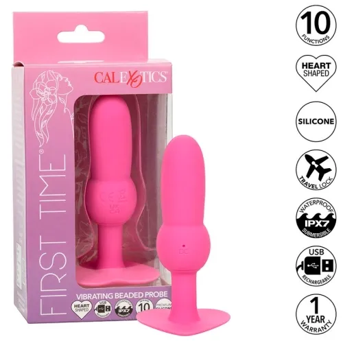 Pink, heart-shaped, vibrating silicone product in packaging, with 10 functions, waterproof, USB rechargeable.
