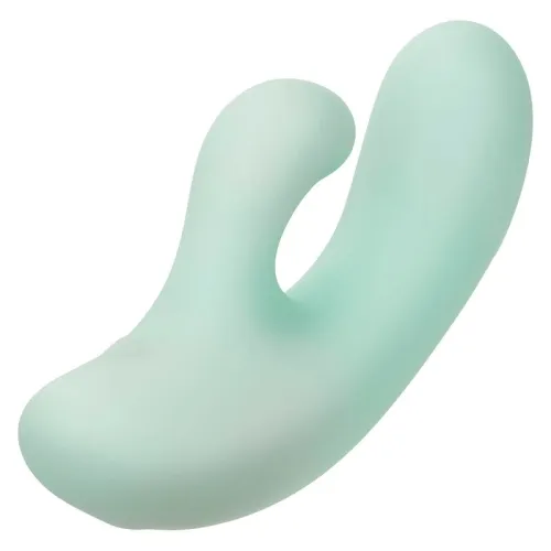 Mint green, ergonomically shaped silicone vibrator with two rounded ends.