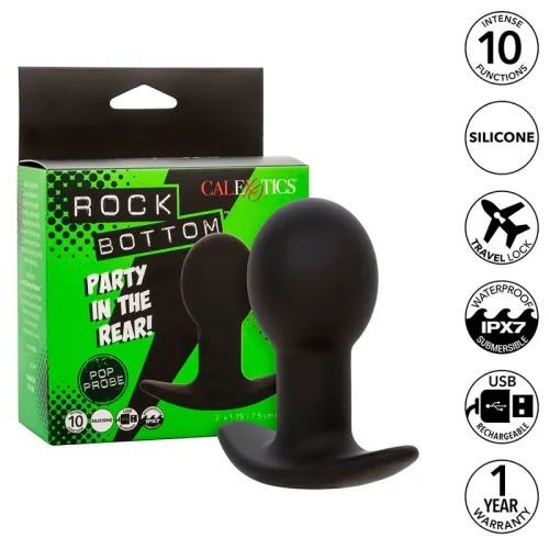 Black silicone anal toy with packaging, 10 functions, waterproof, USB rechargeable, 1 year warranty.