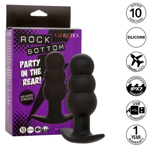 Black, pearl-shaped plug with packaging. Features: 10 functions, silicone, waterproof, USB rechargeable, 1-year warranty.