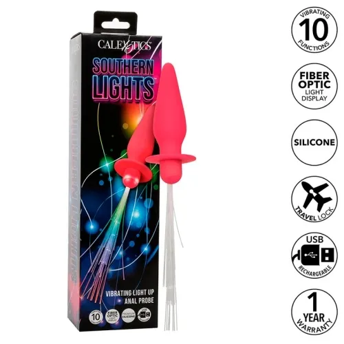 Verpackung und rotes vibrierendes Silikon-Analspielzeug mit Lichtfasern, 10 Funktionen, USB-aufladbar, 1 Jahr Garantie.