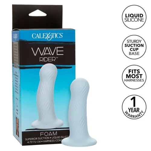 Verpackung und Produkt eines blauen Silikon-Dildos mit Saugnapf, Markenname "Wave Rider".