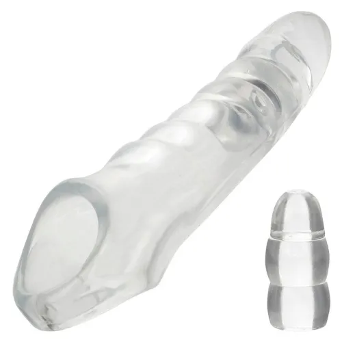 Transparent, ribbed silicone finger-shaped attachment, with a smaller view next to it.