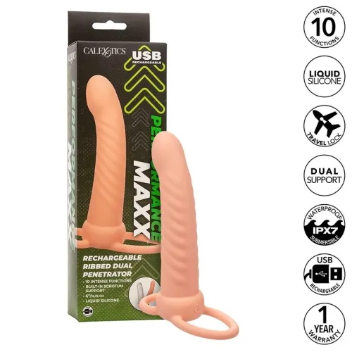 Packaging and product of a rechargeable, ribbed dual penetrator made of liquid silicone with 10 functions.