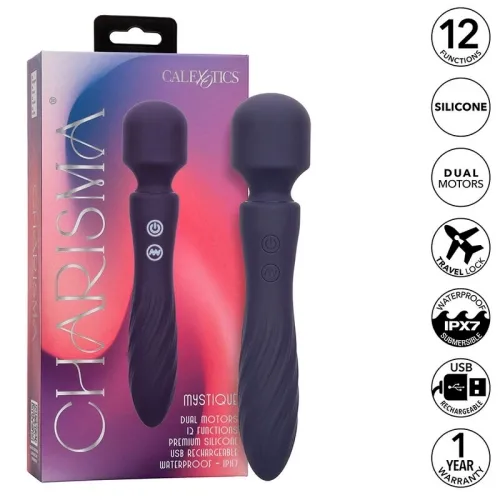 Purple massager with packaging, 12 functions, silicone, dual motors, waterproof, USB rechargeable, 1 year warranty.