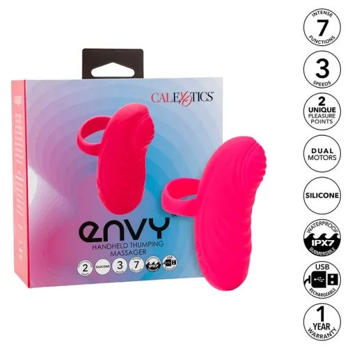 Packaging of a pink Envy Handheld Thumping Massager by CalExotics with product features on the right side.