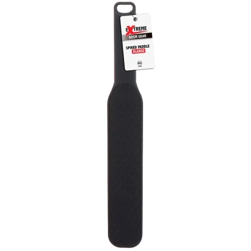 Black paddle with studs and label "Extreme BDSM Gear, Spiked Paddle, XLarge".