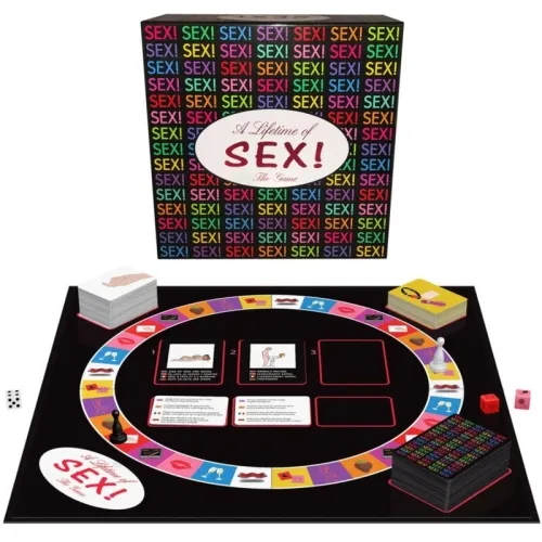 Board game "A Lifetime of Sex" with a colorful game board, card stacks and dice, thematically focused on eroticism.