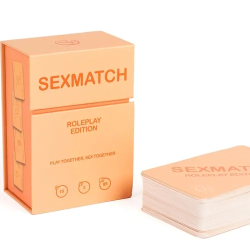 Orange box and deck of cards from the game "Sexmatch Roleplay Edition" with the text "Play Together, Sex Together".
