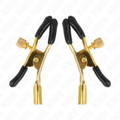 Two golden clamps with black handles and screw mechanism, on a white background.