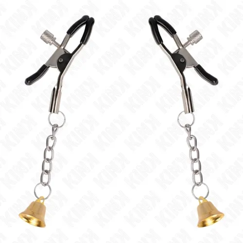 Golden nipple clamps with bell pendant 6cm – Kink