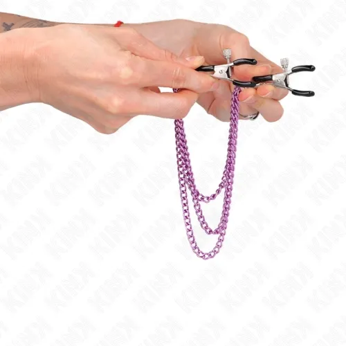 Nipple clamps with 3 chains, purple, 20/23/28cm – Kink