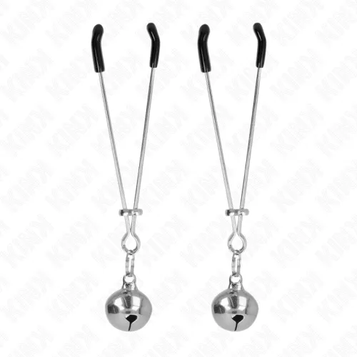 Two silver nipple clamps with black handles and small bells at the ends.