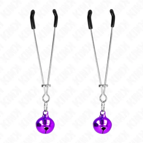 Two silver clips with black tips and purple bells at the ends, on a white background.