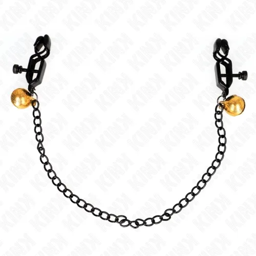 Black clips with chain and golden bells at the ends, on a white background.