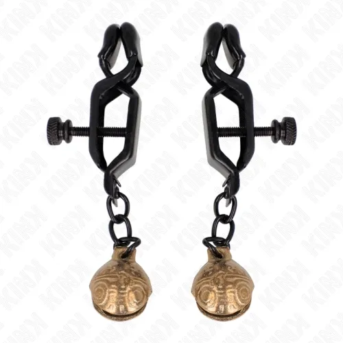 Two black clamps with screw closures and golden bell pendants.