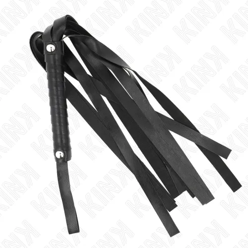 Black leather whip with multiple straps and a handle, on a white background.