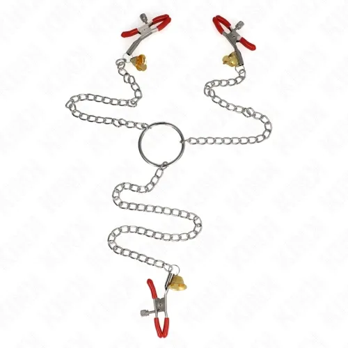 Metal chain with three red clips and small bells, connected by a ring.