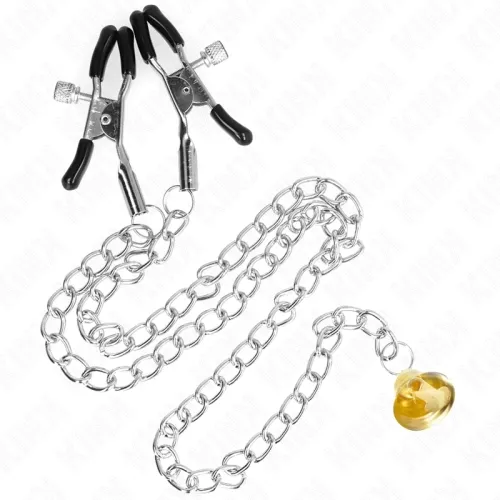 Two clips with black handles, connected by a silver chain with a golden heart pendant.