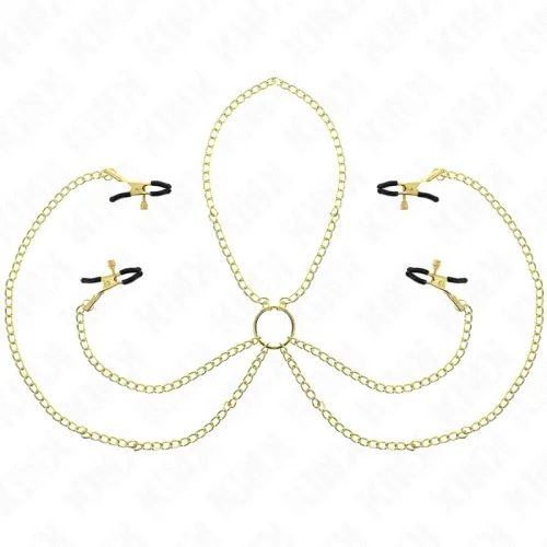Golden chains with four black clasps attached to a central ring, on a white background.