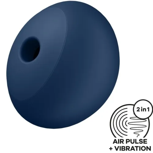 Dark blue, round device with opening, 2-in-1 air pulse and vibration, symbol in the bottom right corner.