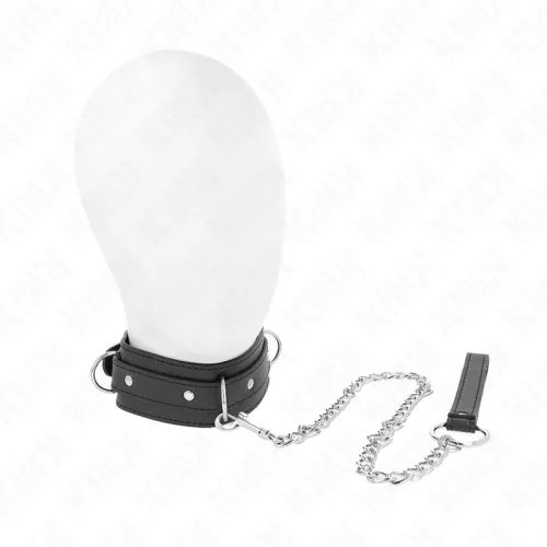 Schwarzes Halsband mit Kette und Griff auf einem weißen Hintergrund.