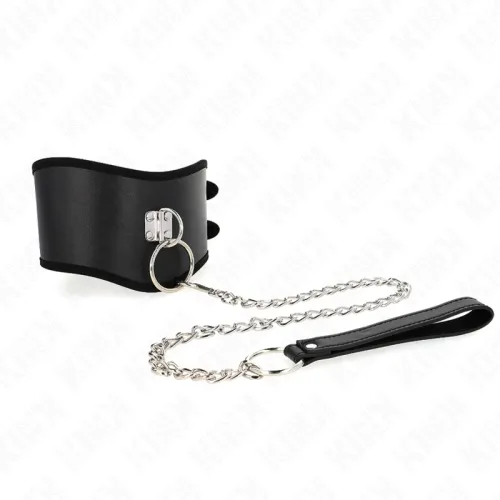 Black leather collar with metal chain and handle, on a white background.