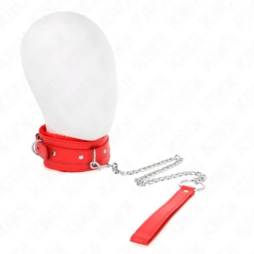 Red collar with chain and handle on a white background.