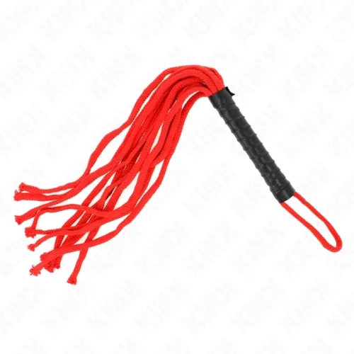 Red whip with multiple strands and a black handle on a white background.