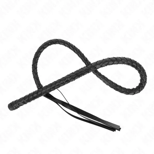 Black braided whip in the shape of a bow on a white background.