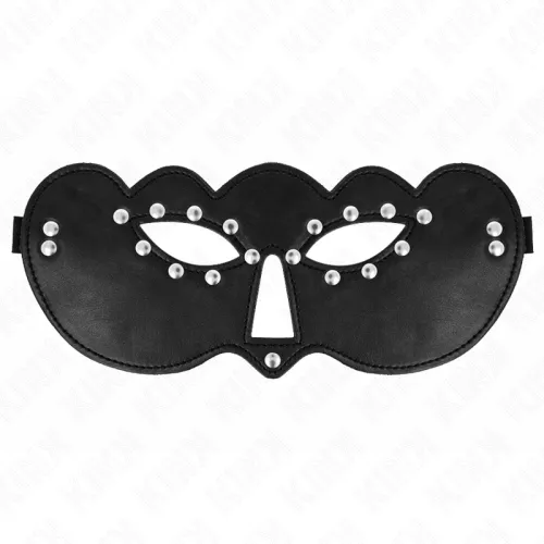 Black eye mask with silver studs, curved shape, two eye openings, on a white background.
