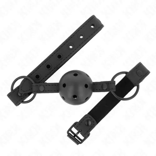 Black ball gag with adjustable leather strap and buckle, perforated for breathing.