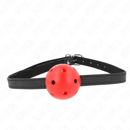 Black leather strap with a red ball with holes, used as a toggle.