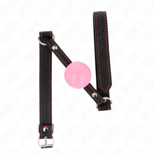 Schwarzes Lederhalsband mit roter Naht und rosa Ball in der Mitte.