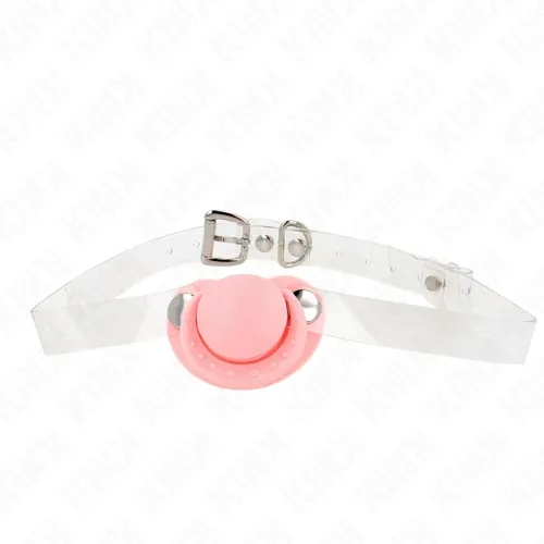 Pink pacifier with transparent strap and metal buckle on a white background.