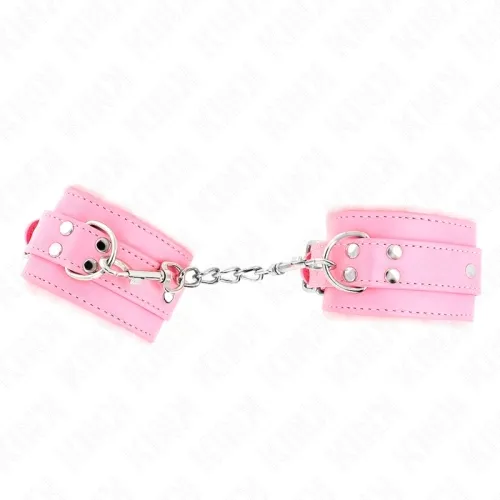 Rosa Handschellen mit Kette, aus Kunstleder und Metall, auf weißem Hintergrund.