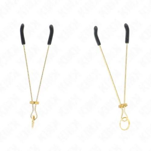 Two golden nipple clamps with black rubber tips on a white background.
