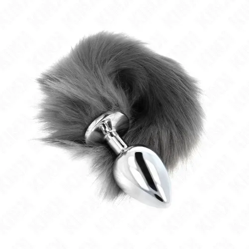 Anal Plug Size L 10 x 4cm With Tail 40cm Grey and White – Kink