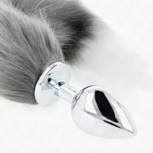 Anal Plug Size L 10 x 4cm With Tail 40cm Grey and White – Kink